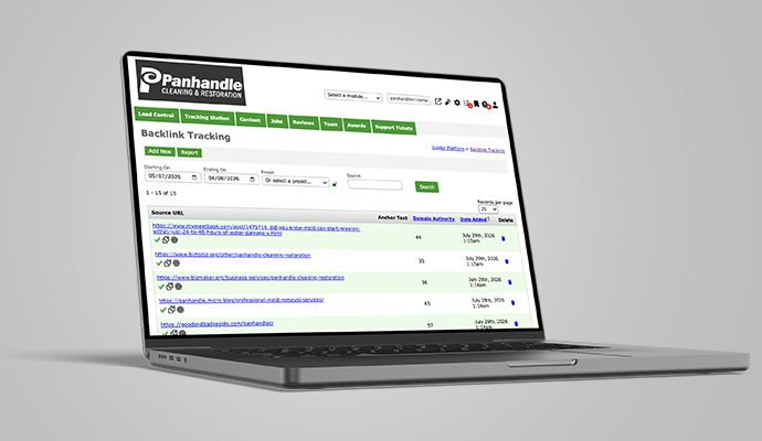 Panhandle Cleaning & Restoration backlink tracking dashboard mockup